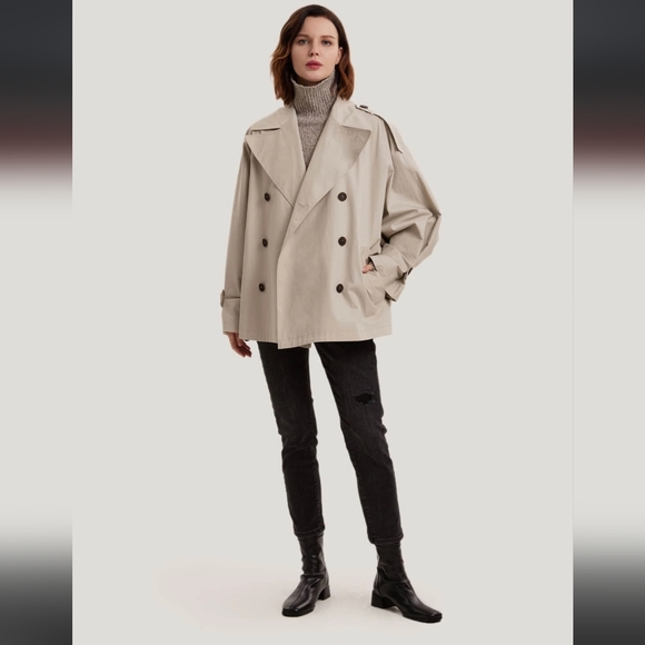 🆕 Gentle Herd Double Breasted Short 100% Cotton Trench Coat in Sand - Picture 2 of 10